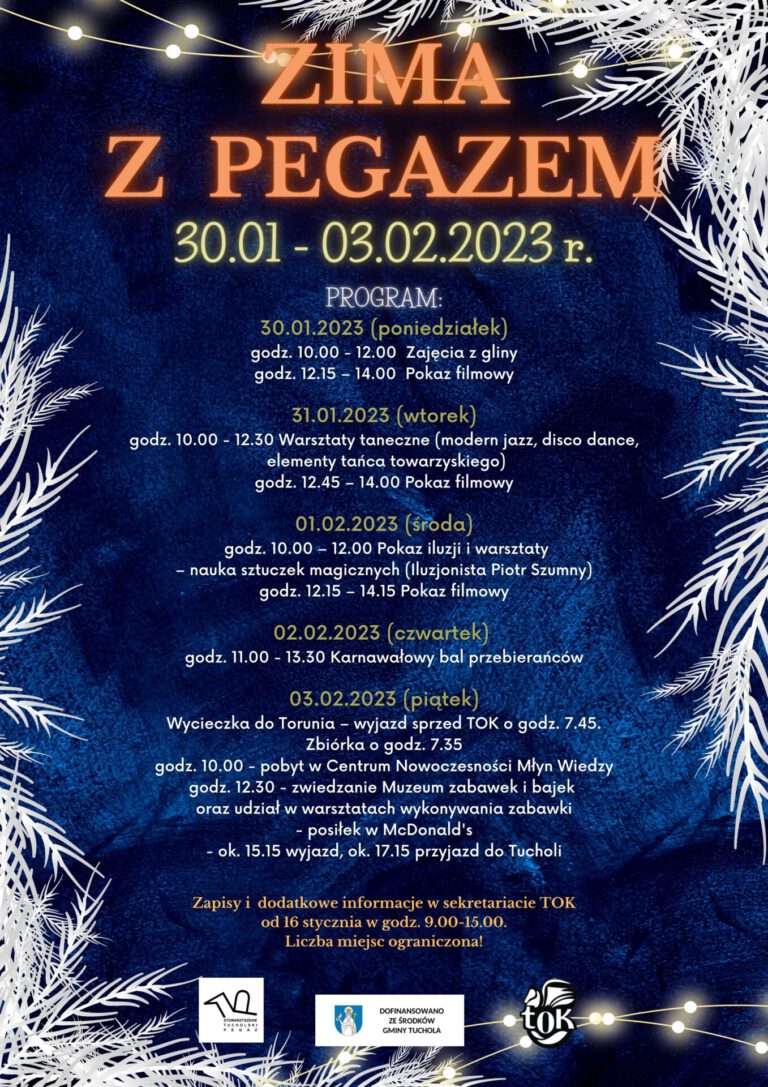 Plakat z programem ferii z Pegazem. Jego treść jest zawarta w artykule