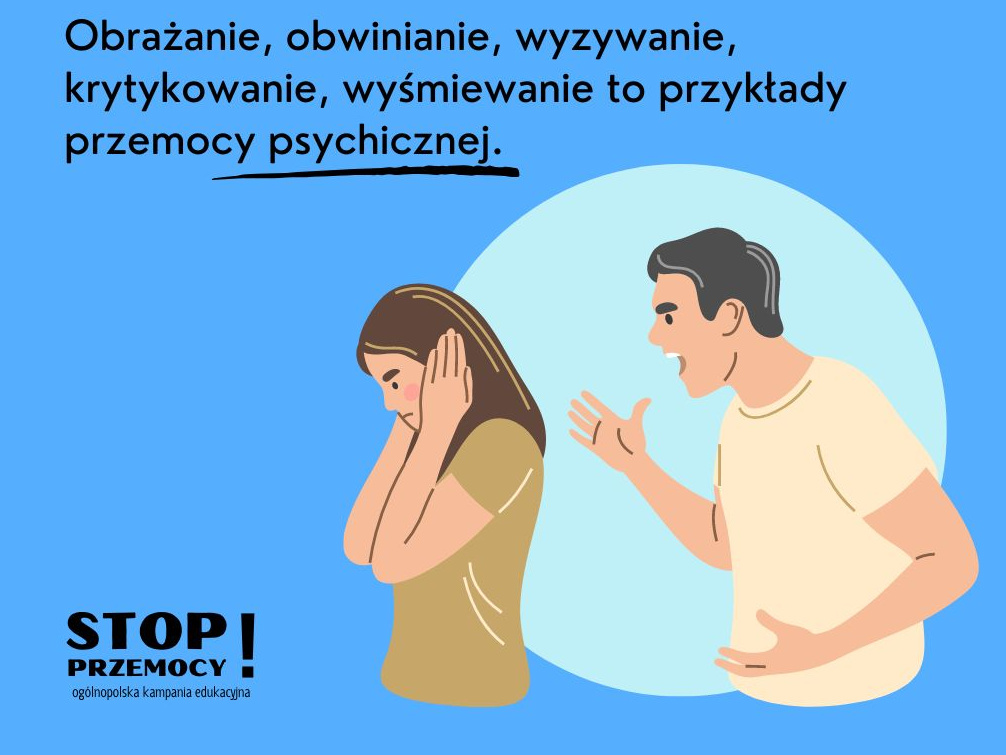 Grafika przedstawia męzycznę, który krzyczy na kobietę. Ona zasłania uszy rękoma