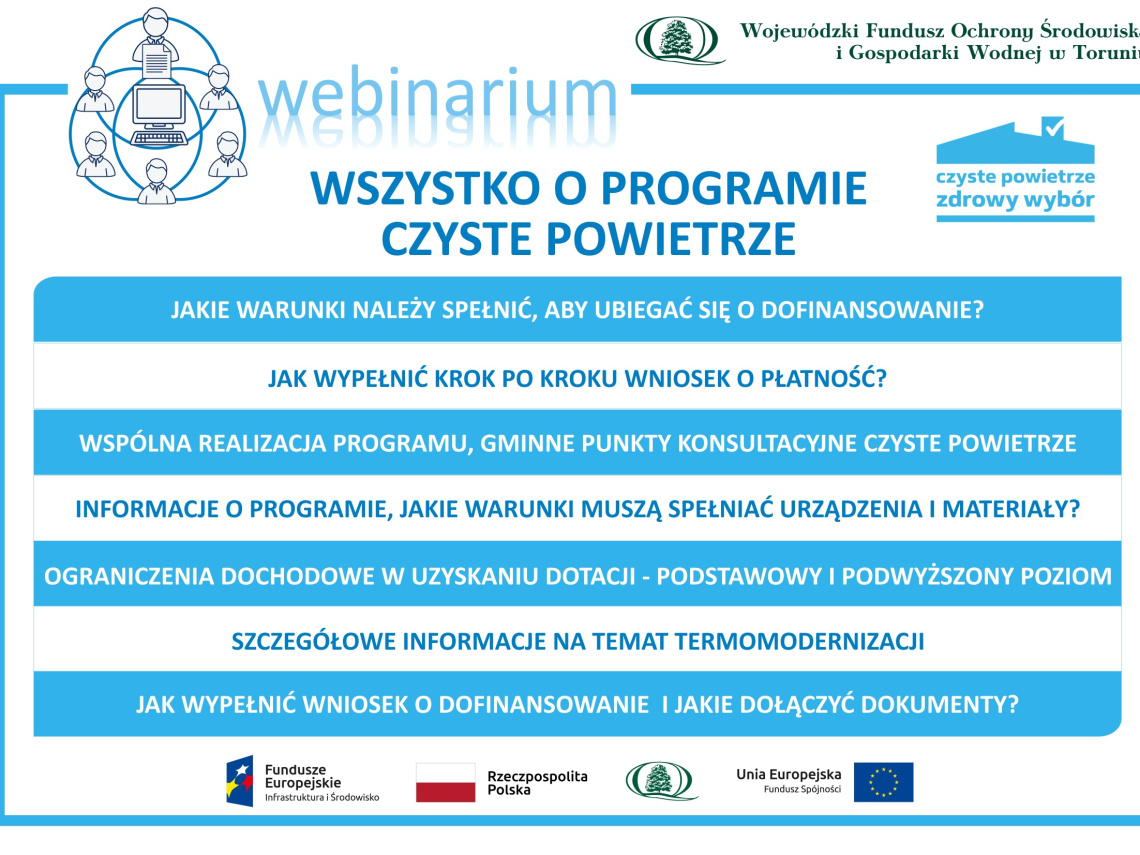 Plakat informacyjny o webinariach. Jego treść jest zawarta w artykule