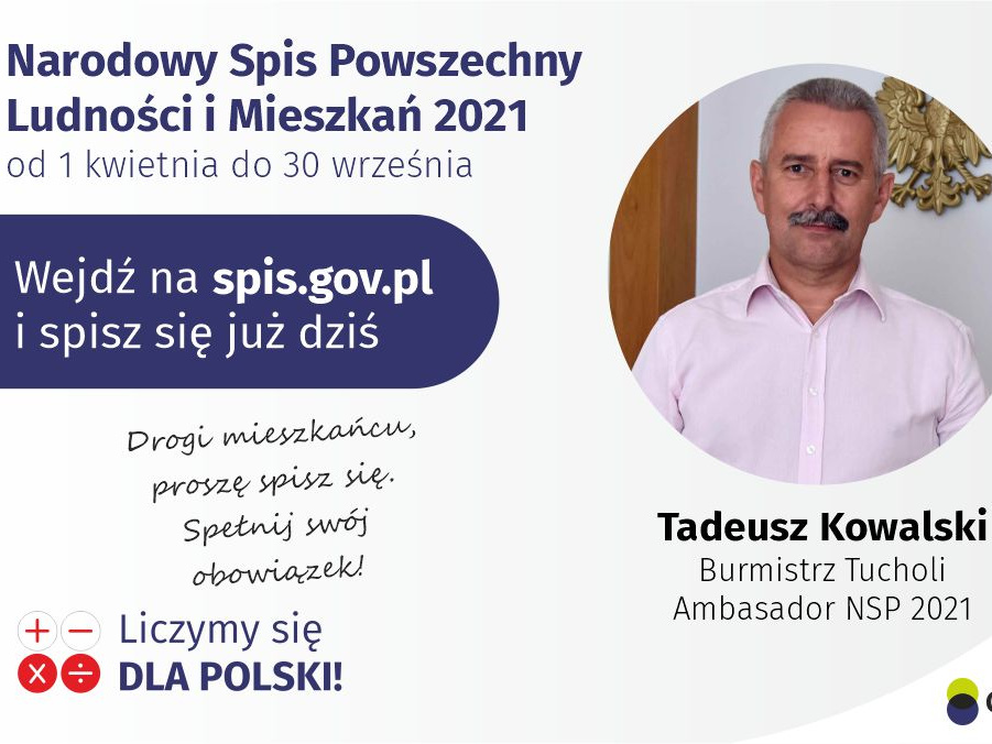 Plakat Narodowego Spisu Powszechnego z ambasadorem spisu burmistrzem Tucholi