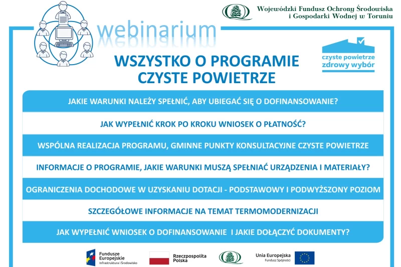 Plakat informacyjny o webinariach. Jego treść jest zawarta w artykule