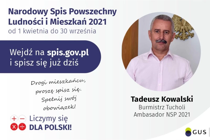 Plakat Narodowego Spisu Powszechnego z ambasadorem spisu burmistrzem Tucholi