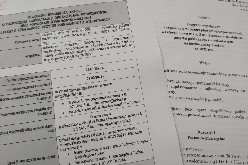 zdjęcie przedstawia dokumenty z informacją na temat konsultacji programu współpracy z organizacjami pozarządowymi